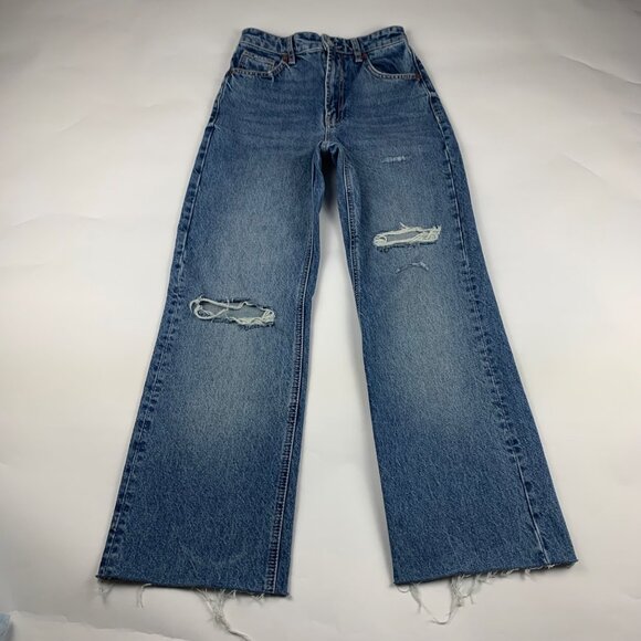 Zara Medium Wash Blue Denim Distressed Wide Leg Ankle Jeans 2 - Picture 1 of 5